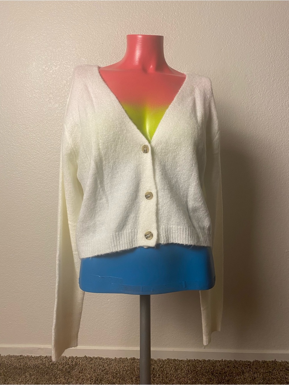 Fashion Nova Cream V-Neck Button Cardigan Sweater